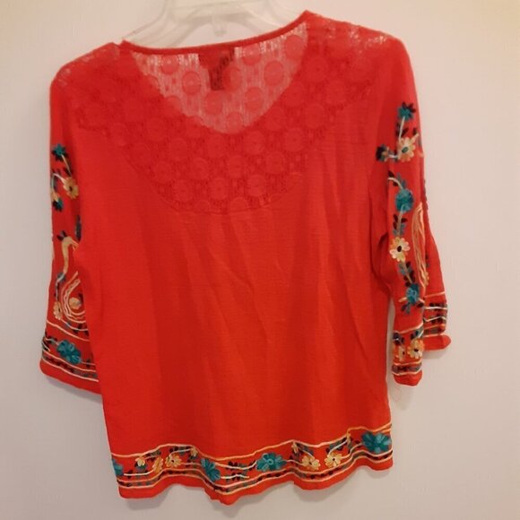 Multiples (PM) Orange Blouse w/Embroidered Flowers on Neck, Front & Sleeves - Picture 5 of 5